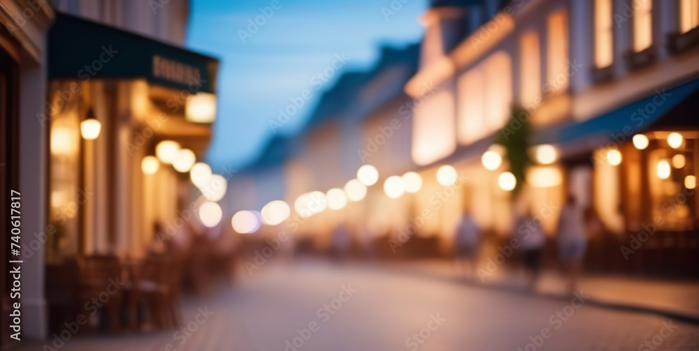 Abstract blur evening city street road lighting bokeh for background. Defocused street scene. Blurred of main street, headlamps. Outdoor busy modern life concept. Suitable for web and magazine layouts - obrazy, fototapety, plakaty 