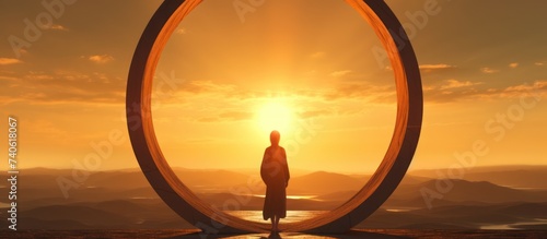 woman standing with round frame at sunset photo