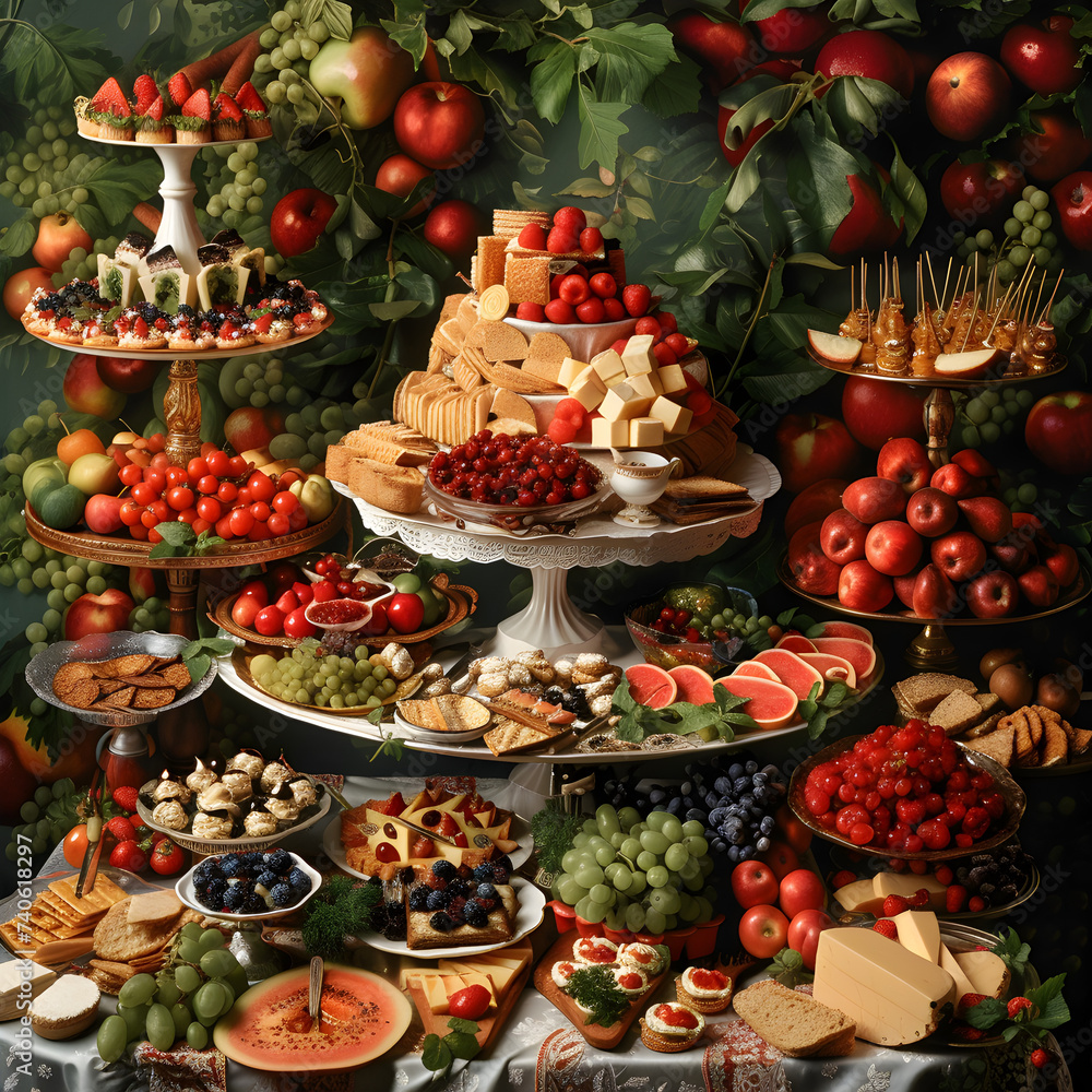Banquet with a table of snacks, canapés and fruits. Banquet with a table of snacks, canapés and fruits.