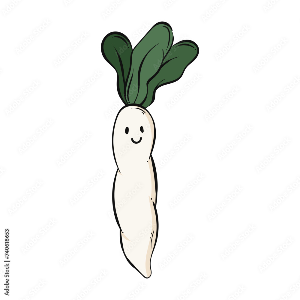 Radish cartoon. Radish Character Mascot. Radish on white background. for poster, banner, web, icon, mascot, background. Hand drawn. Vector illustration Radish cartoon. Radish Character Mascot. Radish on white background. for poster, banner, web, icon, mascot, background. Hand drawn. Vector illustration