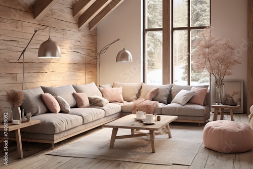 Pastel Pendant: Rustic Scandinavian Living Room with Cozy Seating © Michael