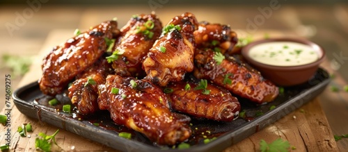 A plate of succulent chicken wings served with dipping sauce on a rustic wooden table