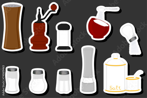 Illustration on theme big set different types ware filled salt for organic cooking