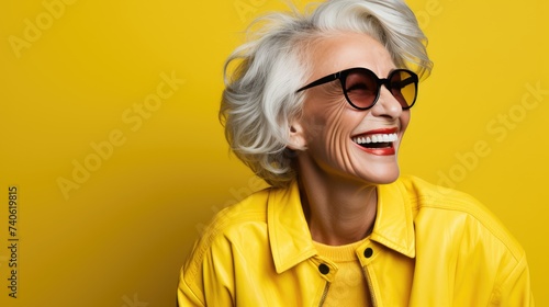 Happy Senior Woman in Yellow Laughing Vivaciously