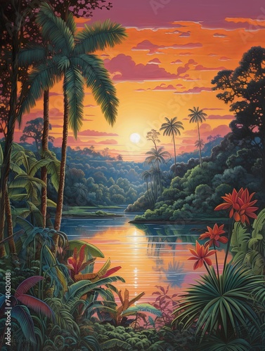 Serene Lakeside Sunset: Rainforest Landscape with Lake Amidst Jungle