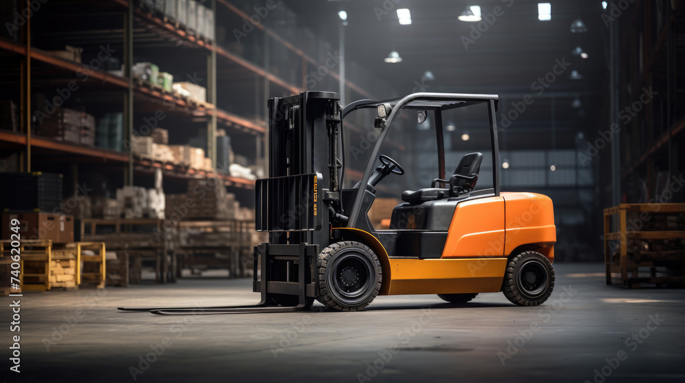 Forklift Ready for Cargo in Spacious Warehouse