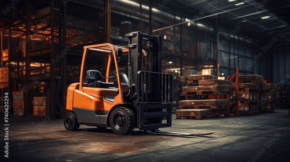 Orange Forklift at Work in Warehouse