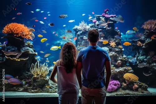 Couple looking at the beautiful coral reef in the oceanarium. © Татьяна Евдокимова