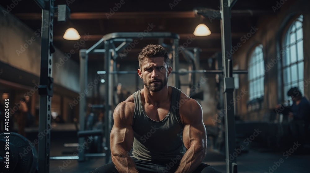 Bodybuilder in Gym Focused on Lifting