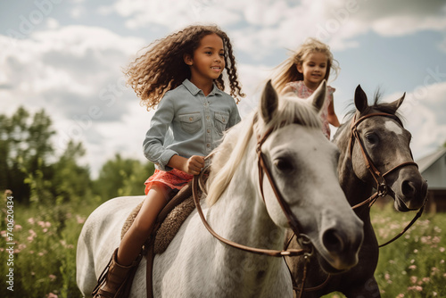Cute little girl riding a white horse with her friend on a sunny day