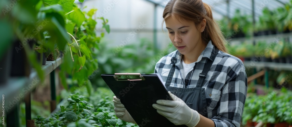 Fototapeta premium Serene woman using digital tablet in a lush green botanical garden