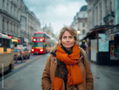 Middle age woman in busy street in London, UK