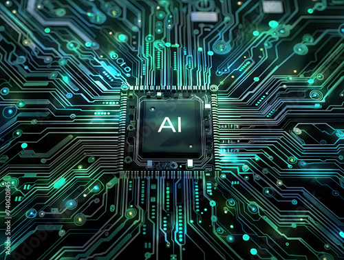 AI, Artificial Intelligence chipset processor on circuit board working on data analysis, machine learning and futuristic technology concept, Generative AI photo