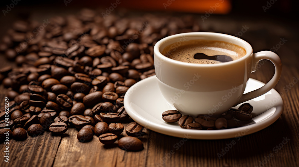 Freshly brewed coffee in a white cup surrounded by roasted coffee beans Freshly brewed coffee in a white cup surrounded by roasted coffee beans