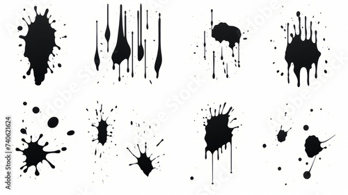 Variety of black paint splatters and drips on white background