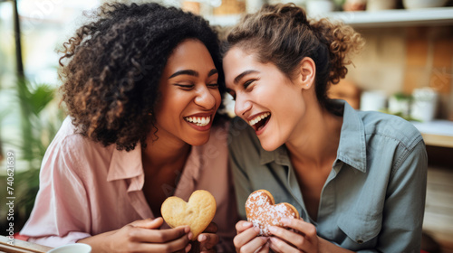 Joyful friends sharing a light-hearted moment with heart-shaped cookies at a cafe