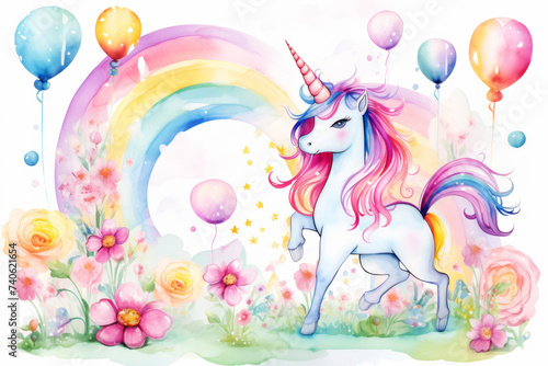 Colorful unicorn with vibrant rainbow, balloons, and flowers in a whimsical scene © Robert Kneschke