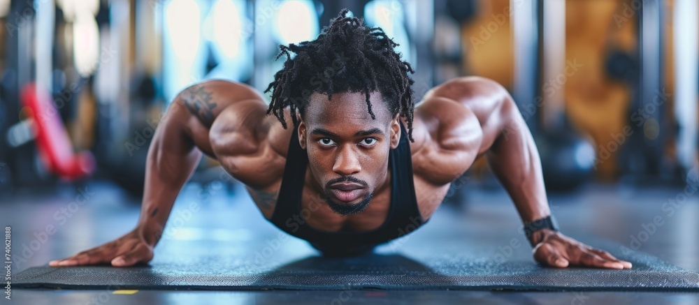 Young man exercising by doing push ups on a fitness mat in a gym Young man exercising by doing push ups on a fitness mat in a gym