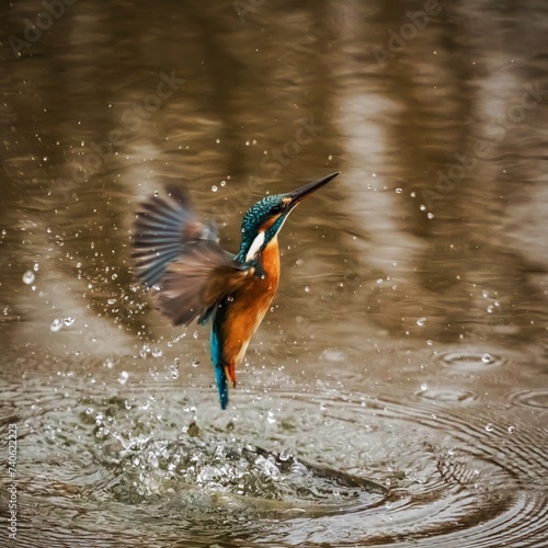 Kingfisher with spread wings diving into water © Wirestock
