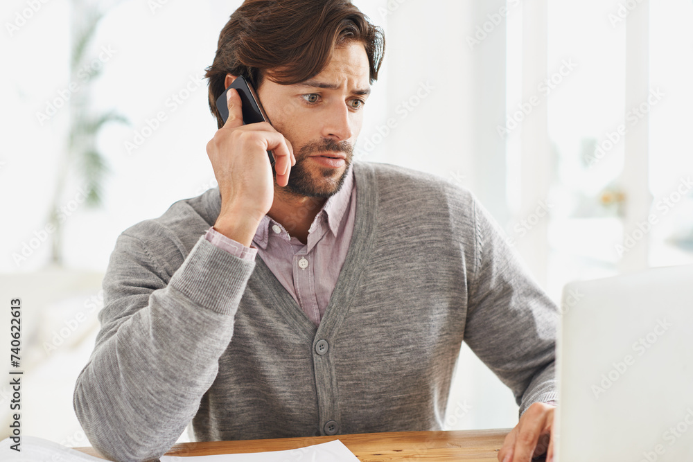 Laptop, problem and businessman with phone call in office to report a glitch or 404 error with internet. Virtual, communication and frustrated with computer for business and consultation for help Laptop, problem and businessman with phone call in office to report a glitch or 404 error with internet. Virtual, communication and frustrated with computer for business and consultation for help