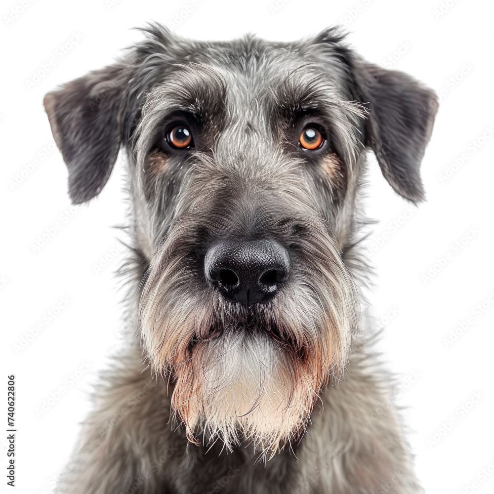 front view close up of a Irish Wolfhound face isolated on a white background