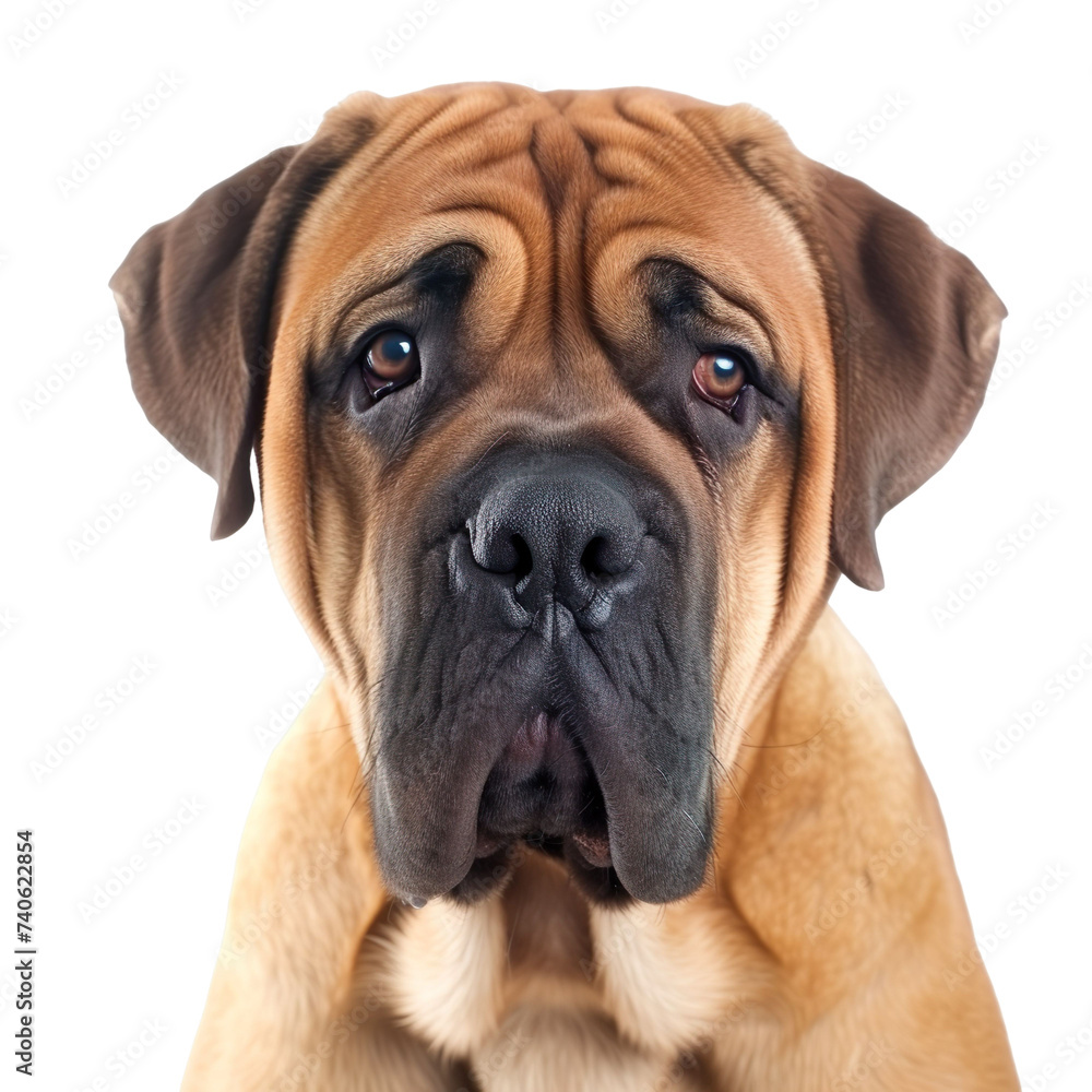 front view close up of a Mastiff face isolated on a white background