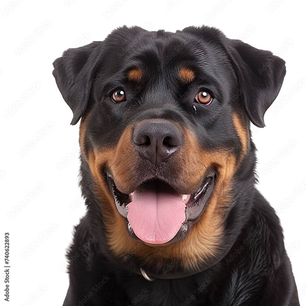 Fototapeta premium front view close up of a Rottweiler face isolated on a white background