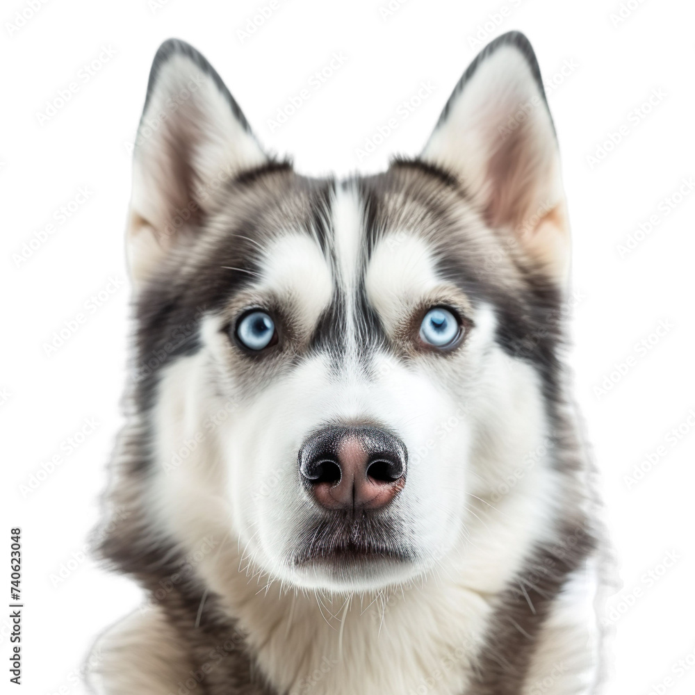front view close up of a Siberian Husky face isolated on a white background