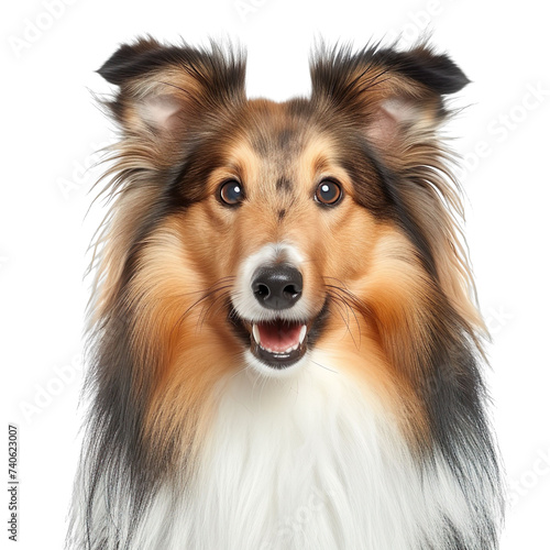 front view close up of a Shetland Sheepdog face isolated on a white background