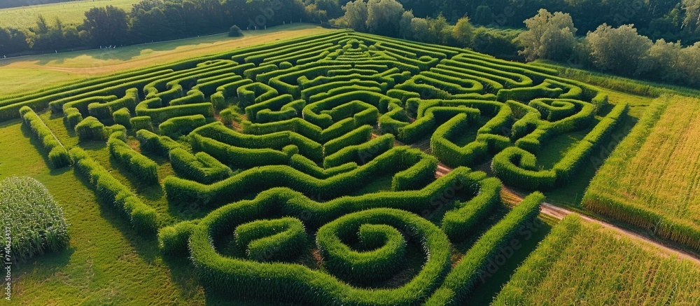This photo captures a stunning corn maze, adding to the natural beauty of a charming village.