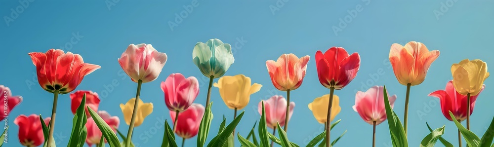 spring colorful tulips against a blue sky spring colorful tulips against a blue sky