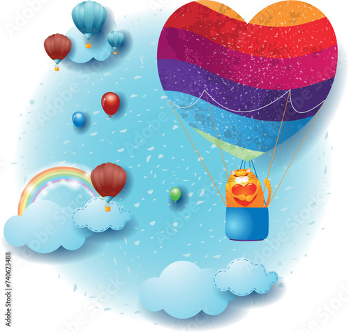 Sky landscape with balloon heart shaped and cat, valentine background. Vector illustration eps10