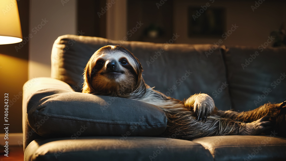 Sloth lying down on the couch in living room at night Sloth lying down on the couch in living room at night