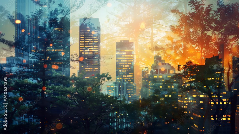 A double exposure photograph combining the vibrant urban skyline at twilight, with its myriad of lights and towering skyscrapers, overlaid with the tranquil silhouette of a dense forest A double exposure photograph combining the vibrant urban skyline at twilight, with its myriad of lights and towering skyscrapers, overlaid with the tranquil silhouette of a dense forest