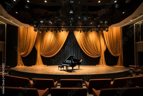 Immerse your audience in the luxury of a concert hall setting, featuring rich velvet curtains, tiered seating, Generative AI 