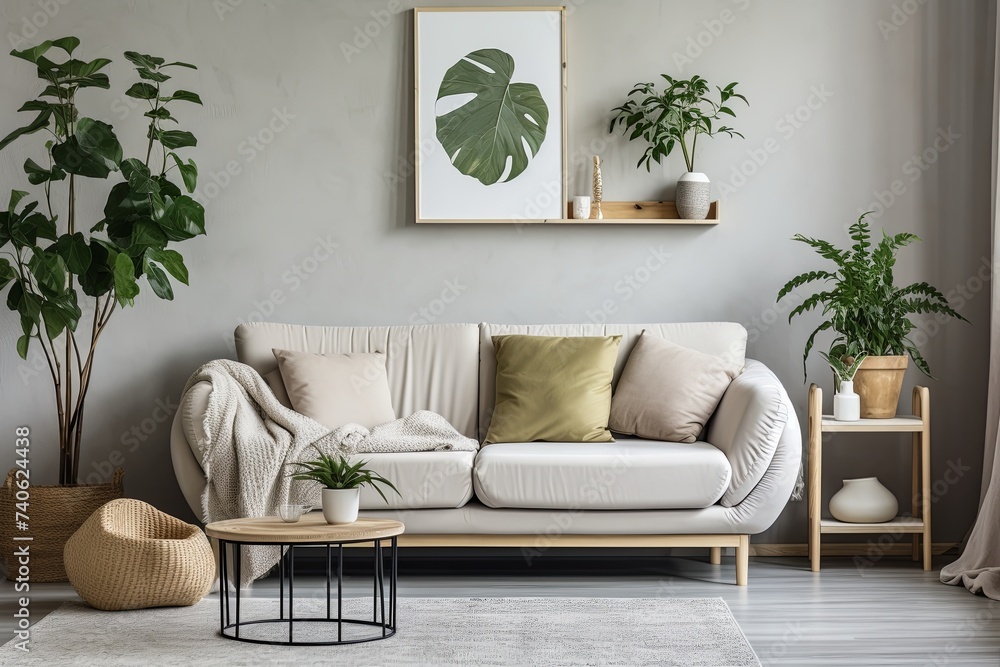 Fototapeta premium White Sofa Mid-Century Room: Nordic Coffee Table and Green Plants D�cor