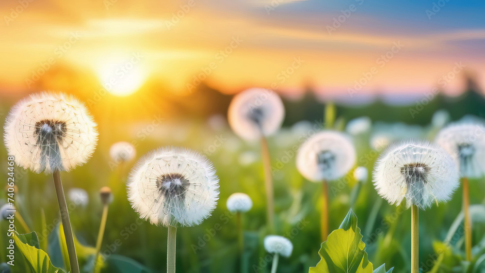 Dandelion flowers on green meadow at sunset Dandelion flowers on green meadow at sunset