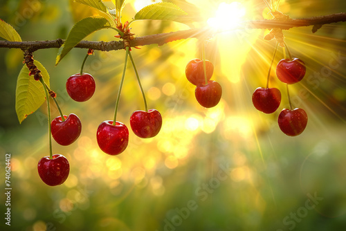 Branch with red ripe cherries in the golden rays of the sun. photo