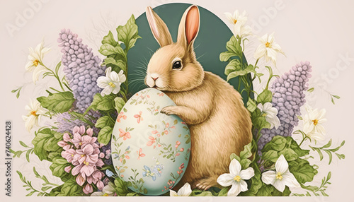 Easter bunny with eggs and flowers.