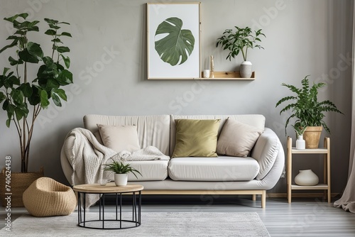 White Sofa Mid-Century Room: Nordic Coffee Table and Green Plants D�cor
