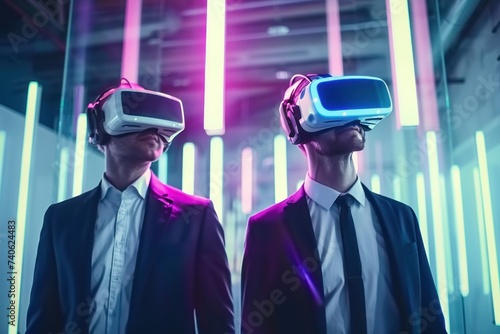 Business professional exploring new horizons with VR headset modern depiction of virtual reality technology in corporate world showcasing businessman fully immersed in digital simulation
