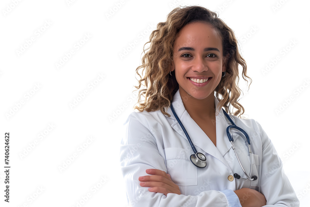 Smiling african american woman doctor posing, isolated on white background Smiling african american woman doctor posing, isolated on white background