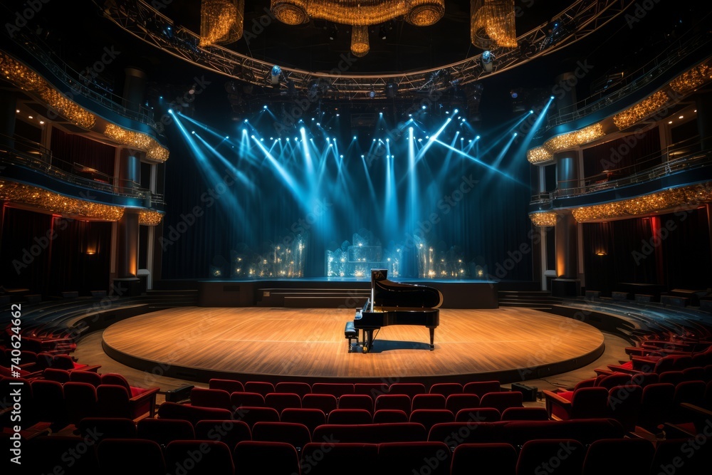 Obraz premium Immerse your audience in the majesty of a concert hall backdrop, featuring tiered seating, majestic chandeliers, Generative AI