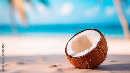 Coconut on the beach with blue sea and sky background.