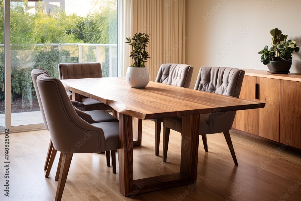 Fototapeta premium Contemporary Home: Wooden Dining Table and Fabric Lounge Chair Elegance