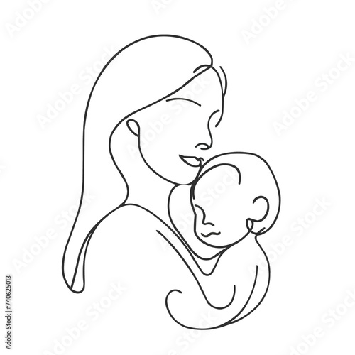 mother with child, illustration in vector style, simple continuous line drawing, minimalism, on a white background