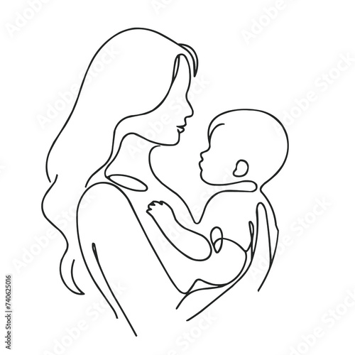  mother with child, illustration in vector style, simple continuous line drawing, minimalism, on a white background