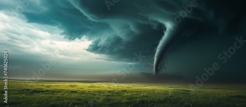 Dramatic tornado cloud swirling ominously over a vast countryside field