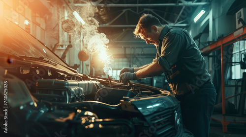 Un tecnico meccanico effettua riparazione al motore di un'automobile photo