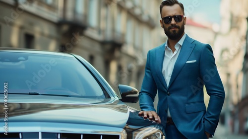 Handsome bearded businessman wearing an elegant blue suit with white shirt and sunglasses, standing next to his luxurious and expensive car. Looking at the camera.Private professional chauffeur driver © Nemanja